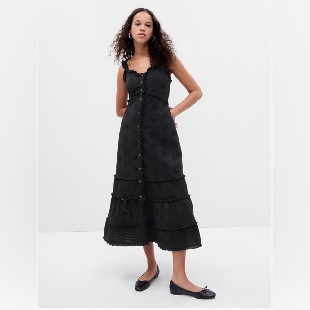 GAP Black Tiered Eyelet Midi Dress